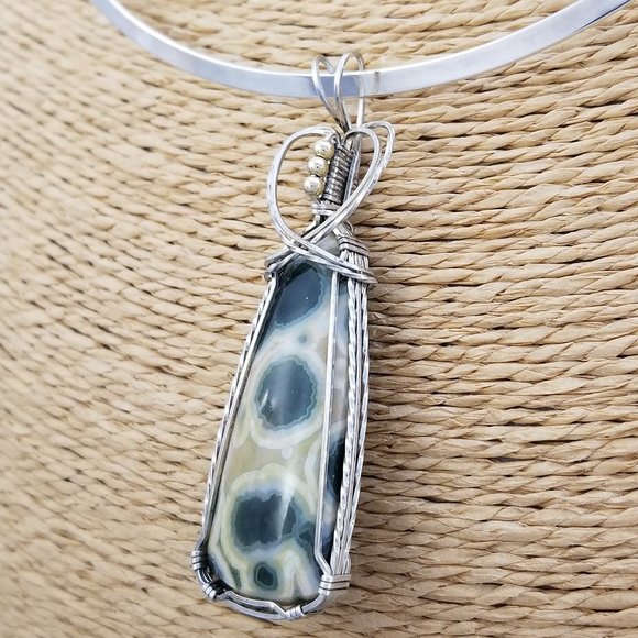 Wire Wrapped Kabamby Ocean Jasper Pendant * Silver wire wrap pendant * wwn15tb - Picture 9 of 13